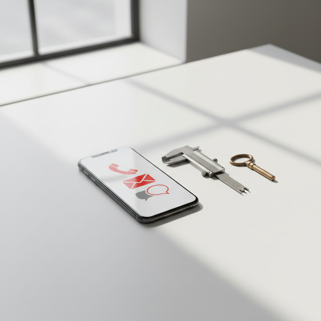 A clean, modern photographic illustration of a digital “contact us” concept for a footwear tools business: a sleek black smartphone lying on a white desk, its screen displaying abstract, icon-like shapes suggesting a phone receiver, envelope, and chat bubble, all in bold red and grey tones without readable text. Beside the phone rests a compact metal caliper and a small shoe last key, visually tying the scene to the shoe tools industry. Soft, diffused daylight from a nearby window casts gentle shadows, creating a bright, approachable atmosphere. Captured from a slightly elevated angle with shallow depth of field, the focus rests on the device and tools, conveying accessibility, professionalism, and modern communication without using any human figures.