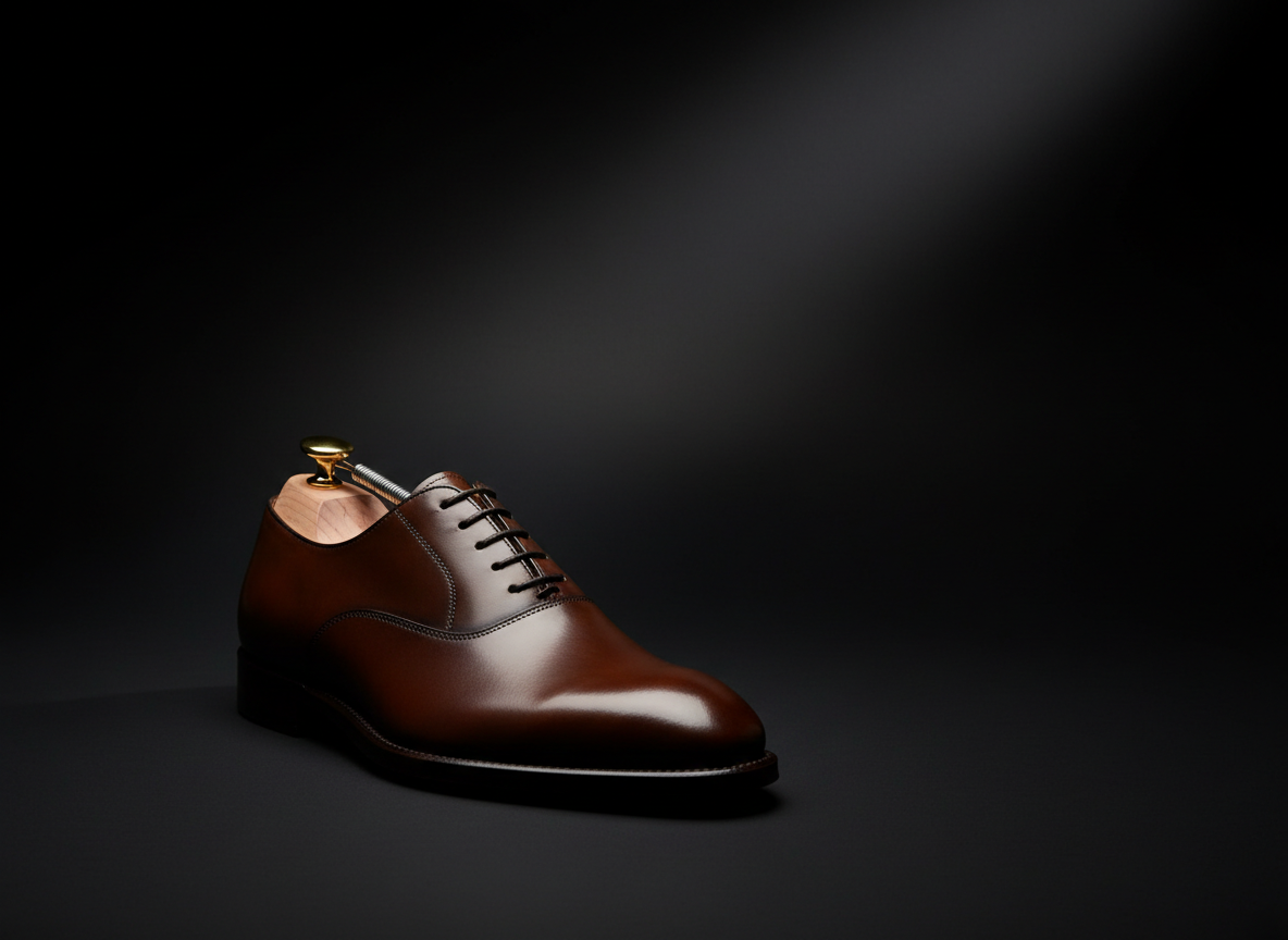 A minimalist, high-impact photographic composition featuring a single high-quality wooden shoe tree partially inserted into a polished brown leather oxford shoe, placed on a seamless matte black background. The shoe tree’s smooth, light beechwood grain contrasts strongly with the deep, glossy leather. A tight, directional spotlight from the upper left creates a dramatic gradient across the background, with crisp highlights along the shoe’s edges and subtle reflections on the metal spring mechanism. The scene is shot at a low, slightly front-facing angle, filling the frame with the subject and leaving negative space to the right for potential graphics or calls-to-action. The mood is bold, refined, and premium, perfect for a product highlight or promotional banner about shoe care accessories.