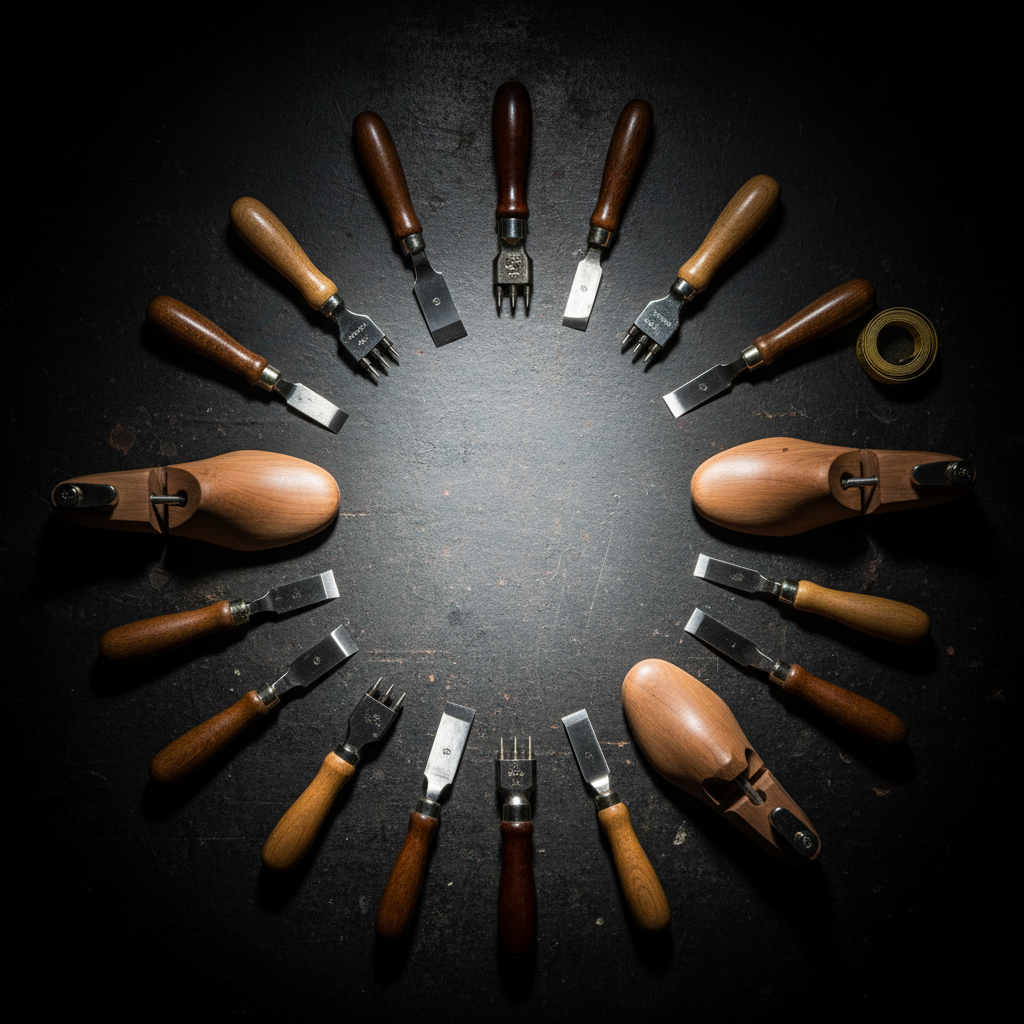 A bold photographic hero-style image of multiple specialized footwear tools arranged around an empty central space on a dark textured work surface, intended to frame a call-to-action overlay. Shoe stretchers, leather punches, edge bevelers, pattern knives, and measuring tapes radiate from the borders, angled inward like a dynamic halo of equipment. A focused overhead spotlight creates a bright circular area in the center, fading to deeper vignetting at the edges, with sharp highlights on metal blades and rich shadows between objects. The composition is symmetrical but energetic, with high contrast and razor-sharp detail, evoking precision, strength, and readiness. The overall mood is assertive and professional, perfect as a bold background for service descriptions or promotional messages about footwear tools.