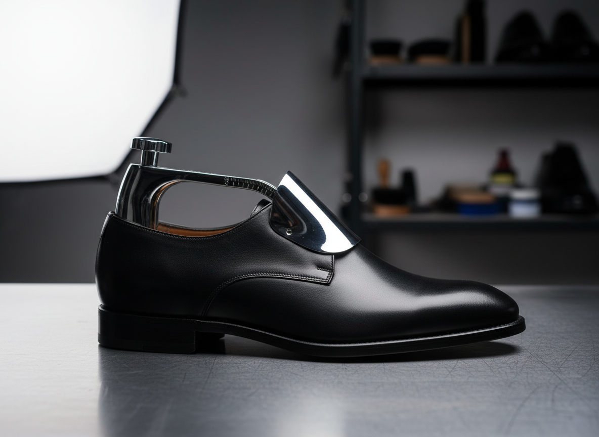 A close-up, eye-level photographic image of a single premium metal shoe stretcher clamped inside a sleek black leather dress shoe, positioned on a brushed steel surface. The stretcher’s chrome finish reflects subtle highlights, while engraved adjustment markings are clearly visible along its shaft. Soft, controlled studio lighting from the left creates a bold contrast, emphasizing the curvature of the leather and the mechanical precision of the tool. In the out-of-focus background, faint silhouettes of other footwear tools and shelves suggest a professional shoe care workshop. The composition uses shallow depth of field with the stretcher centered, conveying reliability, strength, and technical excellence in a clean, modern style ideal for a flagship product feature.