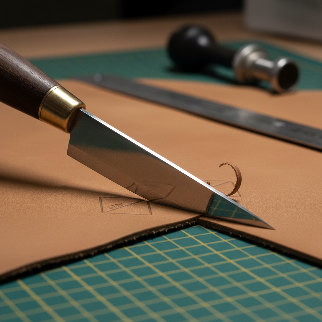 An ultra-detailed photographic macro shot of a sharp leather cutting knife slicing cleanly through a thick piece of tan leather used for shoe uppers, on top of a green gridded cutting mat. The blade’s edge catches a bright highlight from a concentrated overhead workshop light, while tiny curled leather shavings and a faint imprint of grid lines in the material reveal precision. In the soft-focus background, hints of a metal ruler and hole punch subtly indicate a footwear toolset. Shot from a very low, side-on angle with shallow depth of field, the composition feels intense and technical, emphasizing accuracy and craftsmanship in shoe material preparation, ideal for a niche service or process detail page.