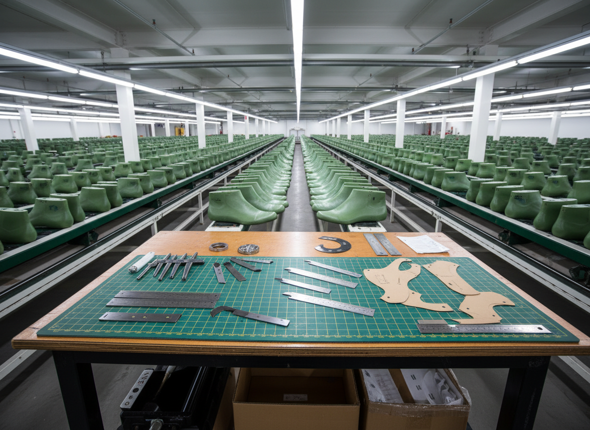 A wide-angle photographic view of an industrial shoe manufacturing area, with rows of empty green metal shoe lasts mounted on rails, aligned in rhythmic perspective. In the foreground, a sturdy work table holds cutting blades, measuring rulers, and pattern templates laid out on a heavy-duty cutting mat. Overhead LED strip lighting casts bright, even illumination, catching reflections on the metal tools and creating sharp, purposeful shadows. The concrete floor and exposed structural beams contribute to a bold, utilitarian atmosphere. Captured from a slightly low angle emphasizing depth and scale, the image feels energetic and industrious, highlighting the role of professional footwear tools in high-volume production while keeping the overall aesthetic clean and modern.