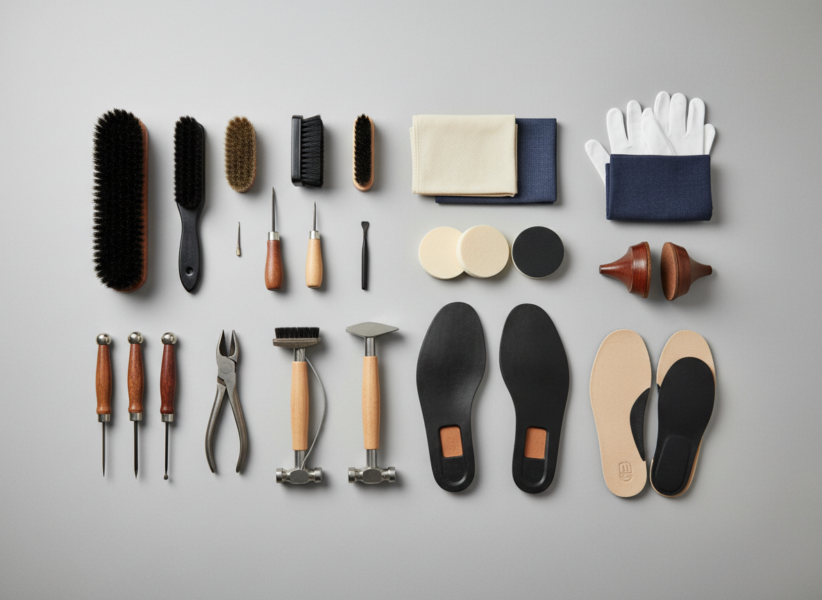 A neatly organized photographic flat lay of categorized footwear care and repair tools arranged on a light grey background, designed for an online catalog. One section groups shoe brushes with different bristle types, another shows polishing cloths and applicator sponges, a third displays awls, punches, and pliers, while a final section presents replacement soles, heels, and insoles. Each category is separated by subtle gaps, forming an intuitive grid. Soft, diffused overhead lighting eliminates harsh shadows, making textures and colors stand out clearly. The mood is bold yet orderly, ideal for helping visitors understand product categories at a glance. Shot with sharp focus across the entire frame, the composition is minimal, high-contrast, and visually striking, perfect for a category landing page.