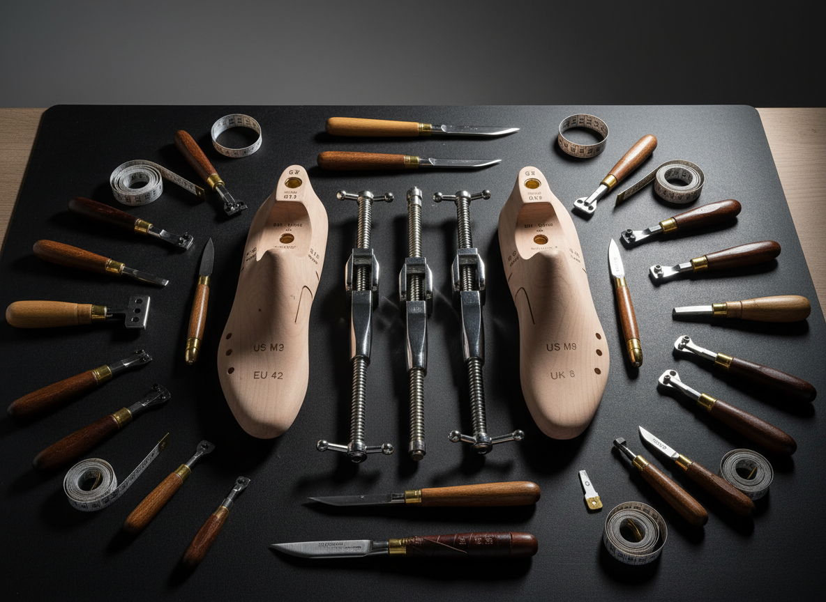 A dramatic overhead photographic shot of a clean, organized workbench filled with professional footwear tools: gleaming metal shoe stretchers, wooden lasts with size markings, precision cutting knives, hole punches, edge bevelers, and measuring tapes. The tools are arranged in a bold, symmetrical layout on a dark, matte rubber mat that makes the polished metal and warm hardwood textures pop. Strong, directional studio lighting from the top-right creates crisp highlights on the metal edges and deep, confident shadows between tools. The background gently falls off into soft blur, keeping full focus on the equipment. The mood is powerful and professional, showcasing the precision and strength of the shoe tools in a modern, high-contrast, photographic realism style suitable for a homepage hero image.