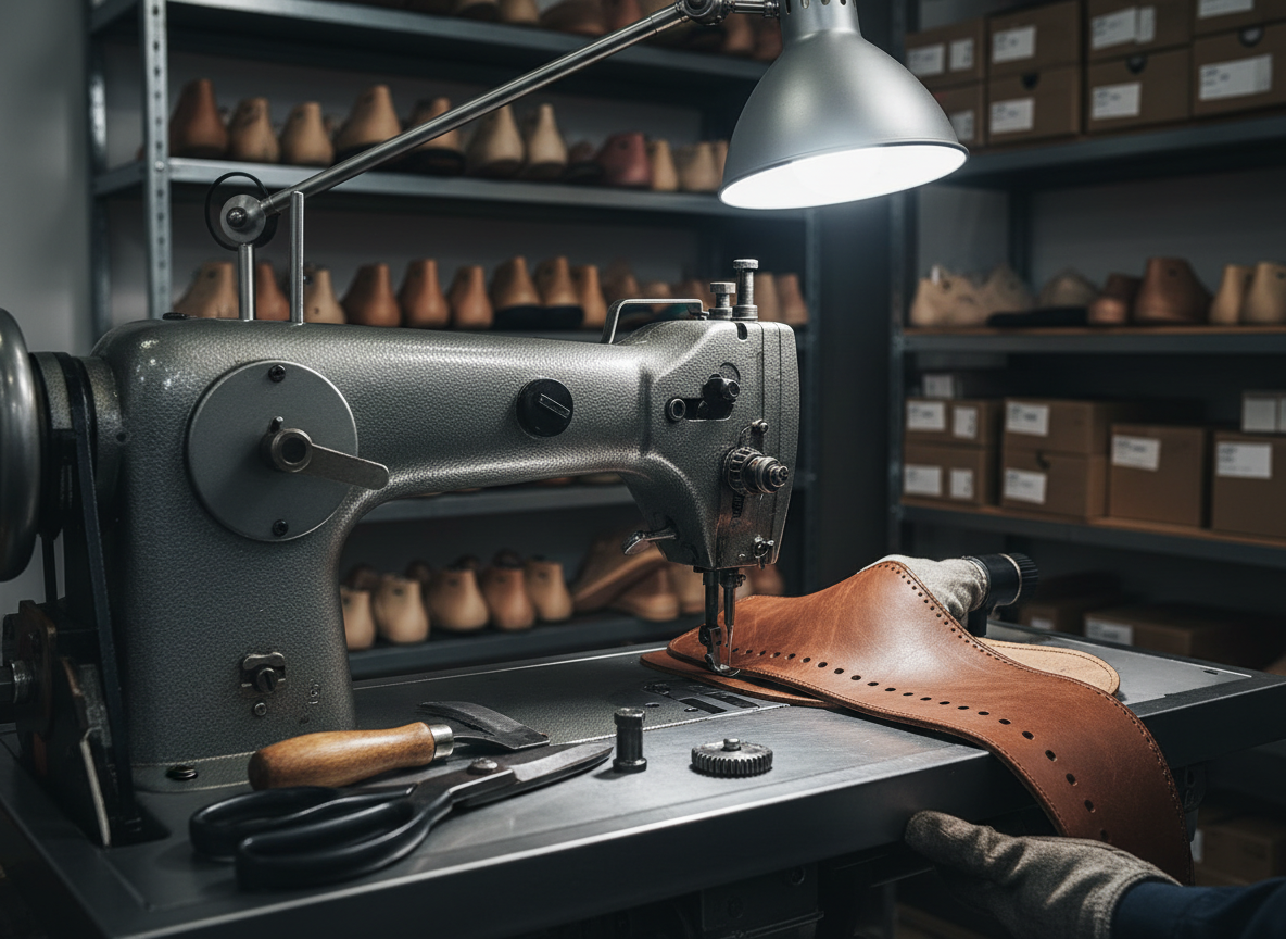 A focused photographic shot of a sturdy industrial sewing machine configured specifically for shoes, with a thick leather upper guided beneath a specialized presser foot. Stainless steel shoe-making tools—edge trimmer, marking wheel, and heavy-duty shears—rest in a tidy line along the machine’s built-in metal tray. Cool-toned workshop lighting from an articulated lamp creates a bright pool around the needle area, casting strong, confident shadows that highlight the machine’s mechanisms and the rugged texture of the leather. The background shows blurred racks of lasts and shelves with neatly stacked boxes of footwear components. Captured from a three-quarter angle at eye level, the image feels technical, precise, and bold, ideal for illustrating professional shoe manufacturing services.